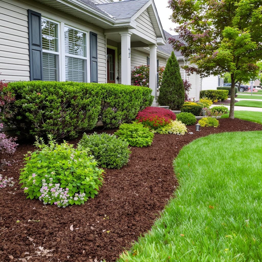 Completed landscaping project with fresh mulch, trimmed shrubs, and defined garden beds — Jarjus Lawn Care