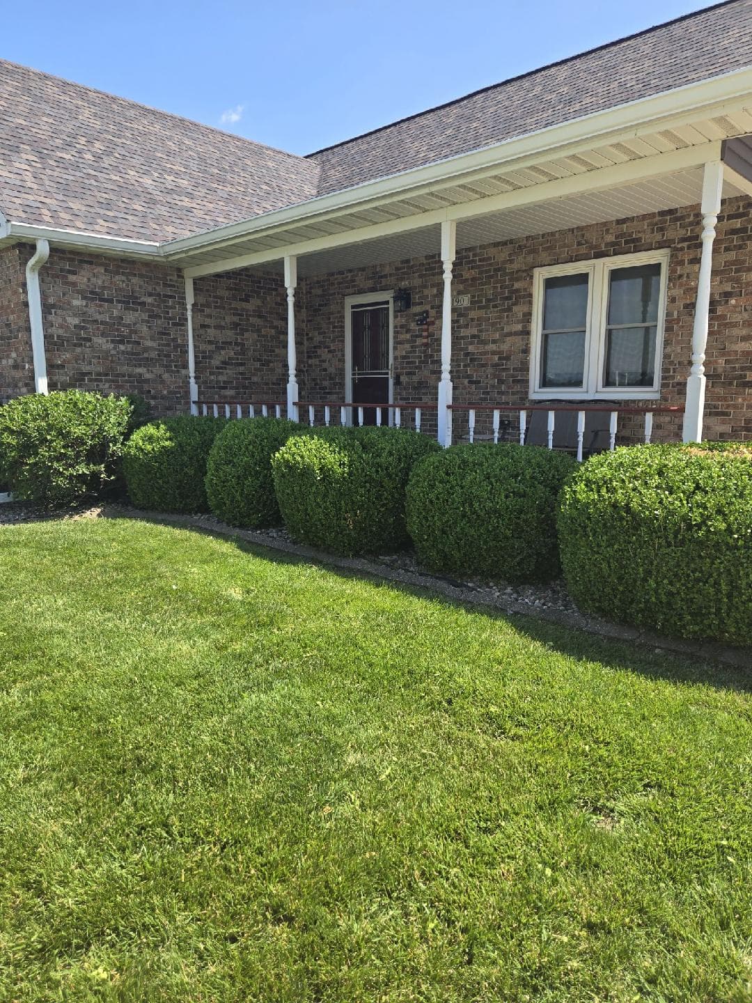 Professionally maintained brick home with trimmed round boxwood shrubs and lush green lawn — Jarjus Lawn Care, Central Illinois