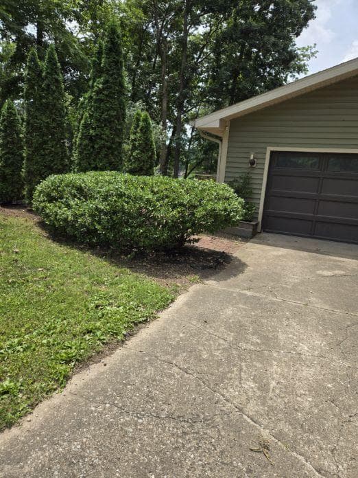 Trimmed and shaped shrubs next to a garage with clean lawn edging — Jarjus Lawn Care, Central Illinois